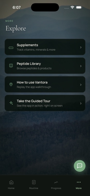 Vantora explore screen with supplements, peptide library, and guided tour
