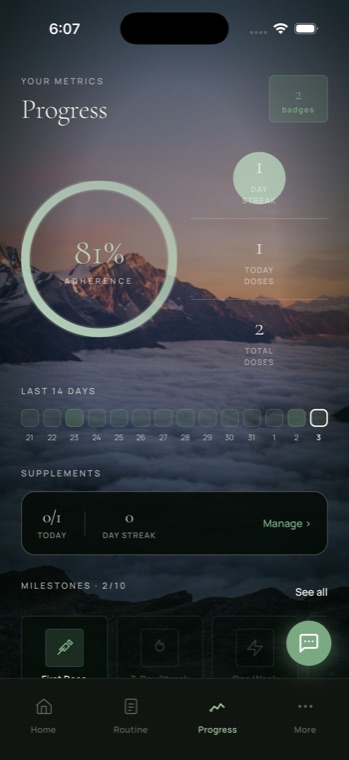 Vantora progress screen showing adherence percentage and streak