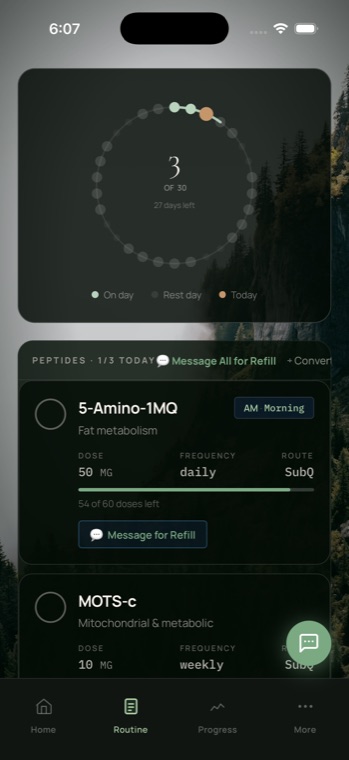 Vantora routine screen showing cycle ring, peptide dose cards, and message-for-refill buttons